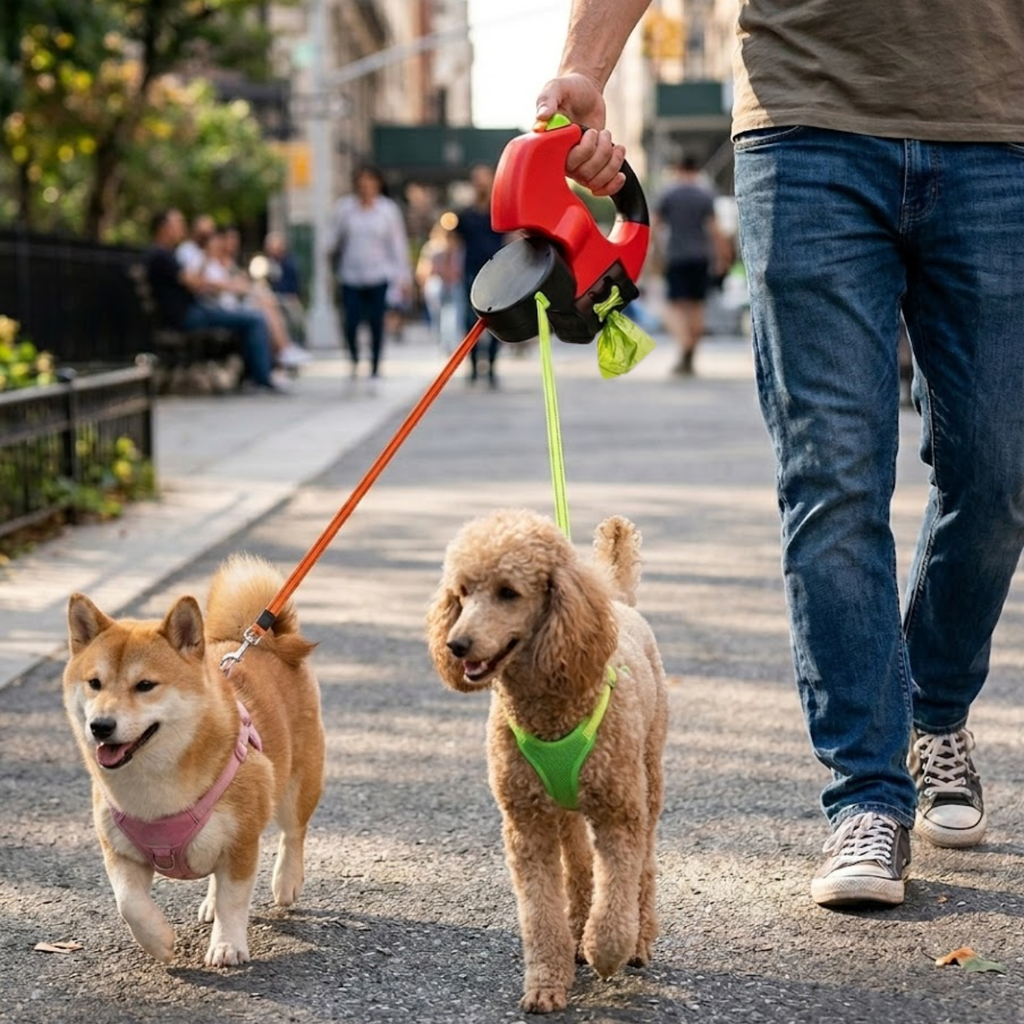 Retractable Double Dog Leash with LED Flashlight and Integrated Waste Bag Dispenser