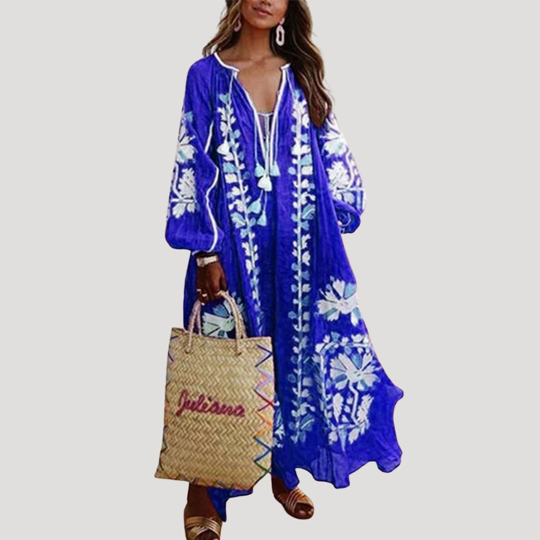 Long Sleeve Boho Maxi Dress V Neck Patterned Loose Fit Lightweight Flowing Dress