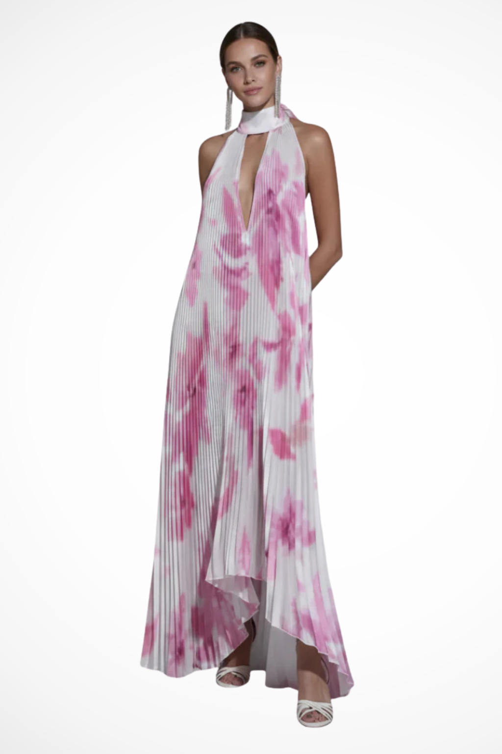 Printed Pleated Halter Neck Maxi Dress with Front Keyhole Detail Evening Gown