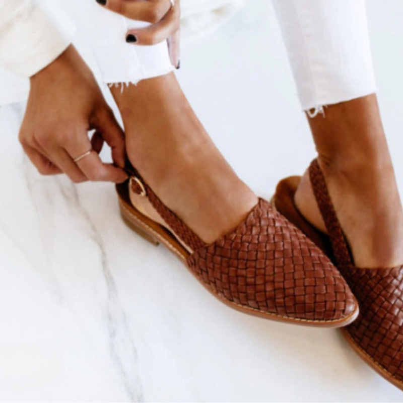 Women's flat braided sandals - open slingback summer shoes - daily casual