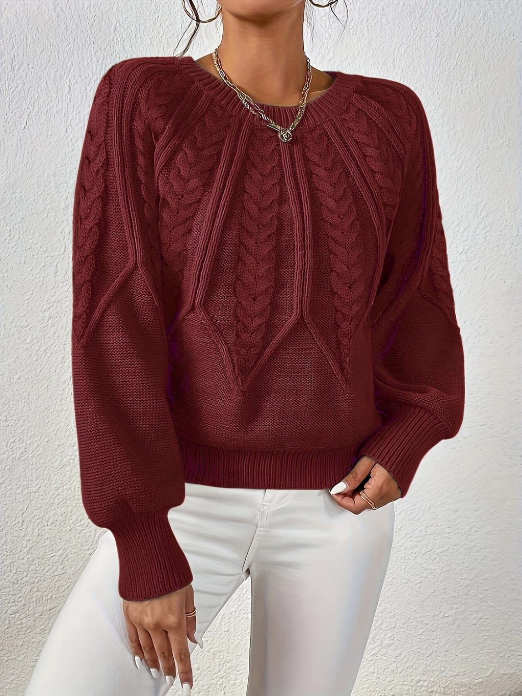 Women's Cable Knit Sweater with Relaxed Fit and Lantern Sleeves for Everyday Wear