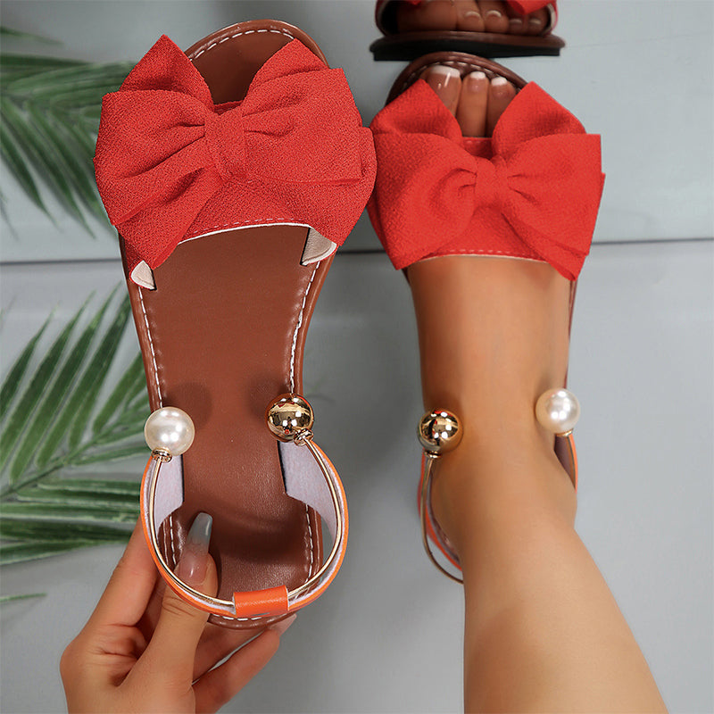 Flat Sandals with Bow and Bead Accents Breathable Sandals