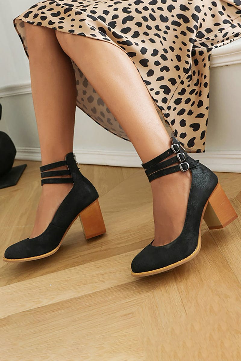 Women’s triple strap block heels — synthetic leather office footwear