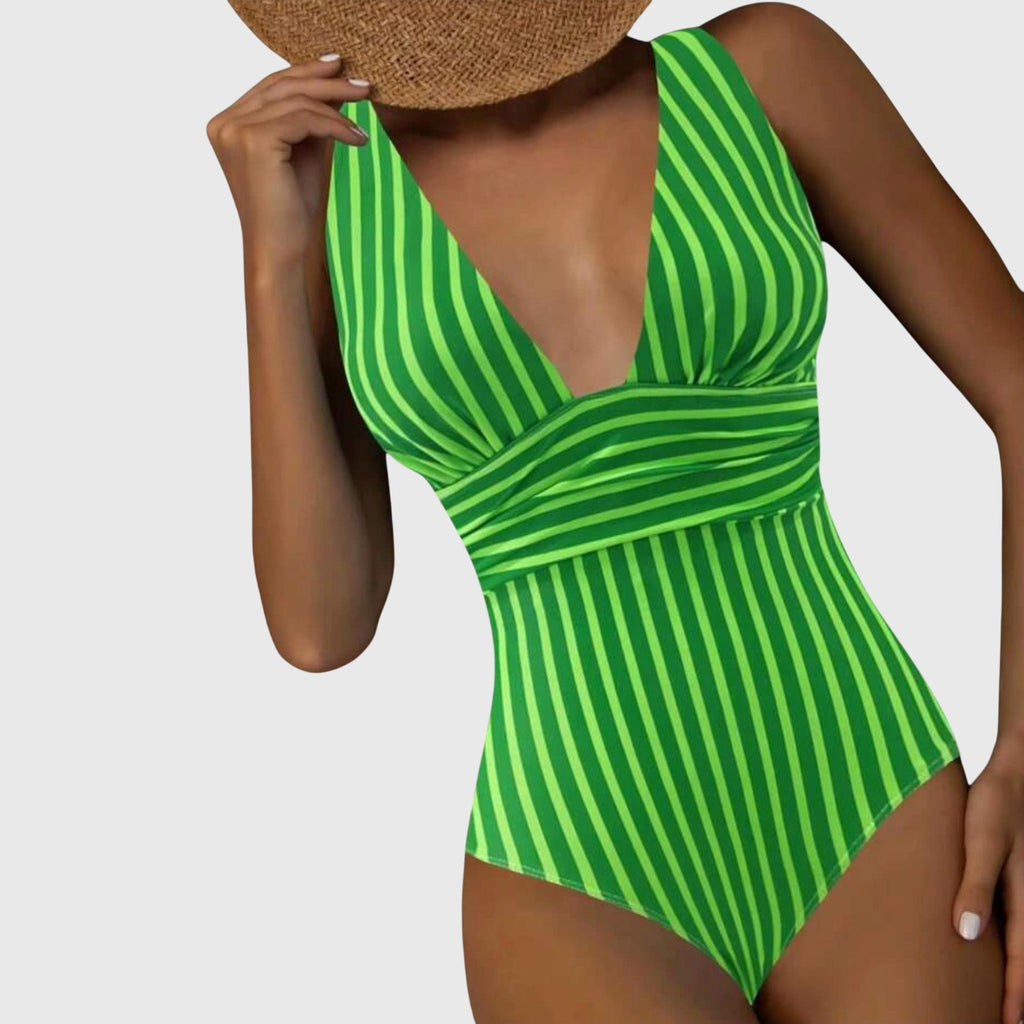 Striped V-Neck One-Piece Swimsuit