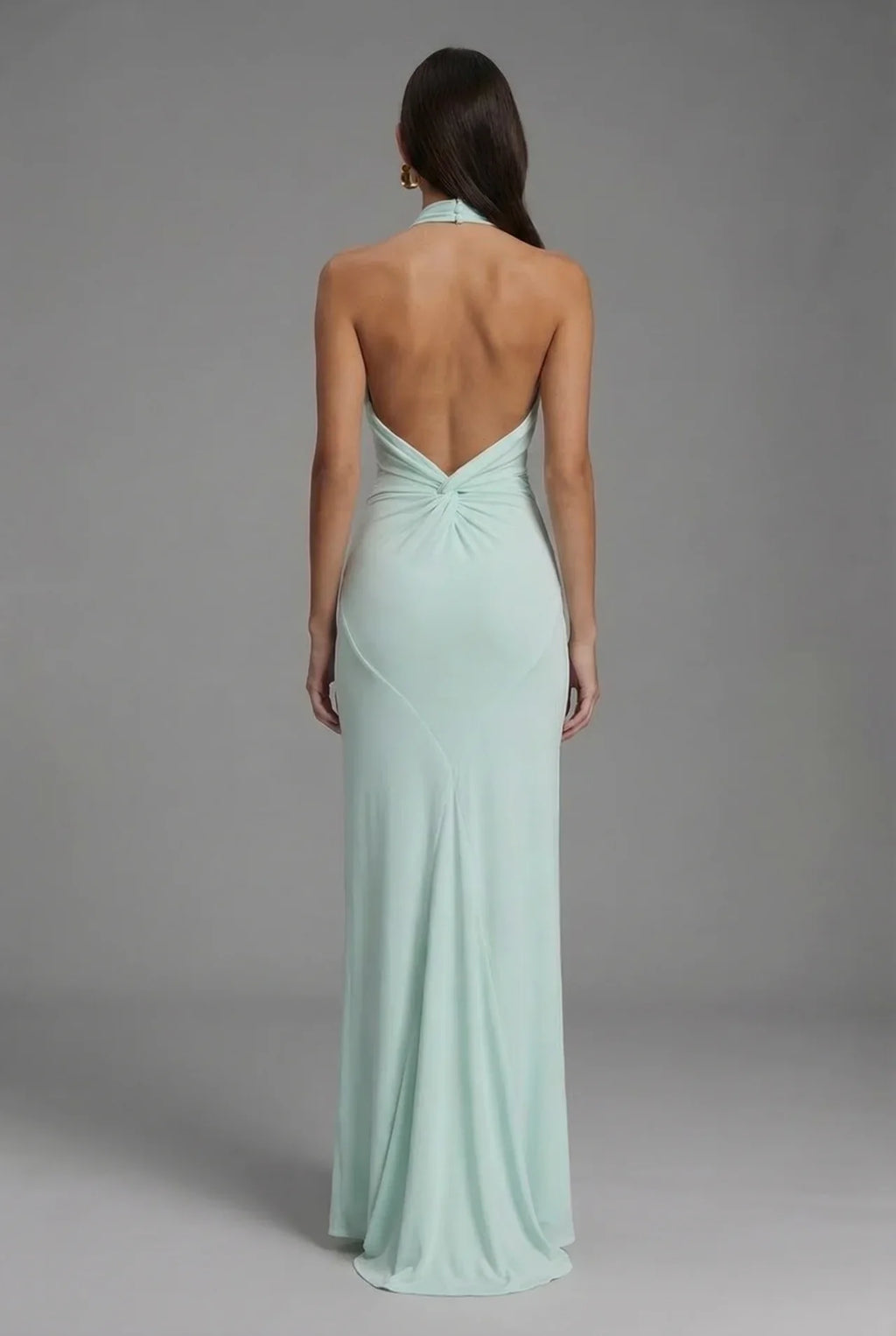 Open Back Halter Maxi Gown in Smooth Satin with Ruched Detailing