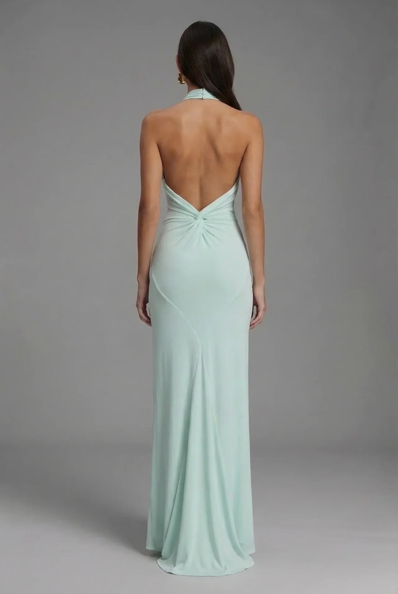 Open Back Halter Maxi Gown in Smooth Satin with Ruched Detailing