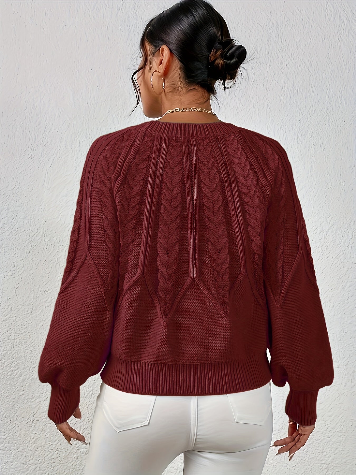 Women's Cable Knit Sweater with Relaxed Fit and Lantern Sleeves for Everyday Wear
