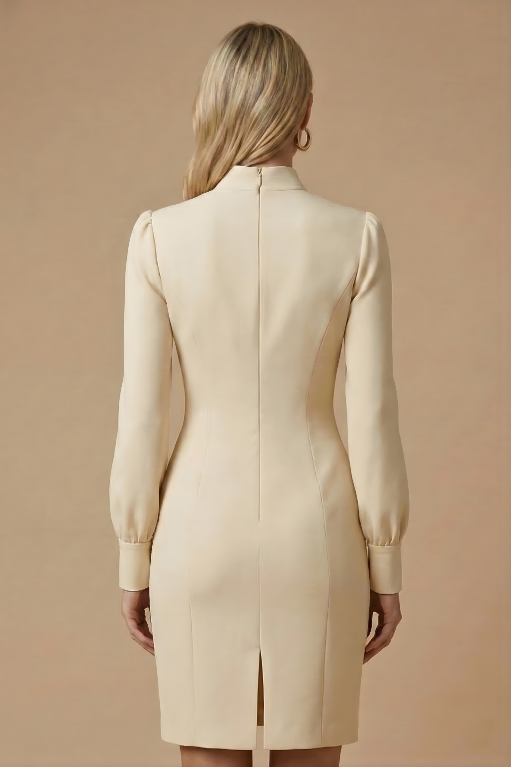 High Neck Bodycon Mini Dress with Square Chest Cutout and Long Puff Sleeves