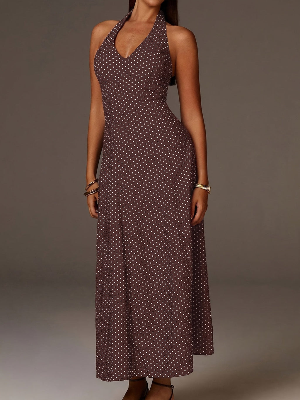 Halter Neck Polka Dot Maxi Dress Deep V Smocked Bodice Sleeveless Holiday Apparel