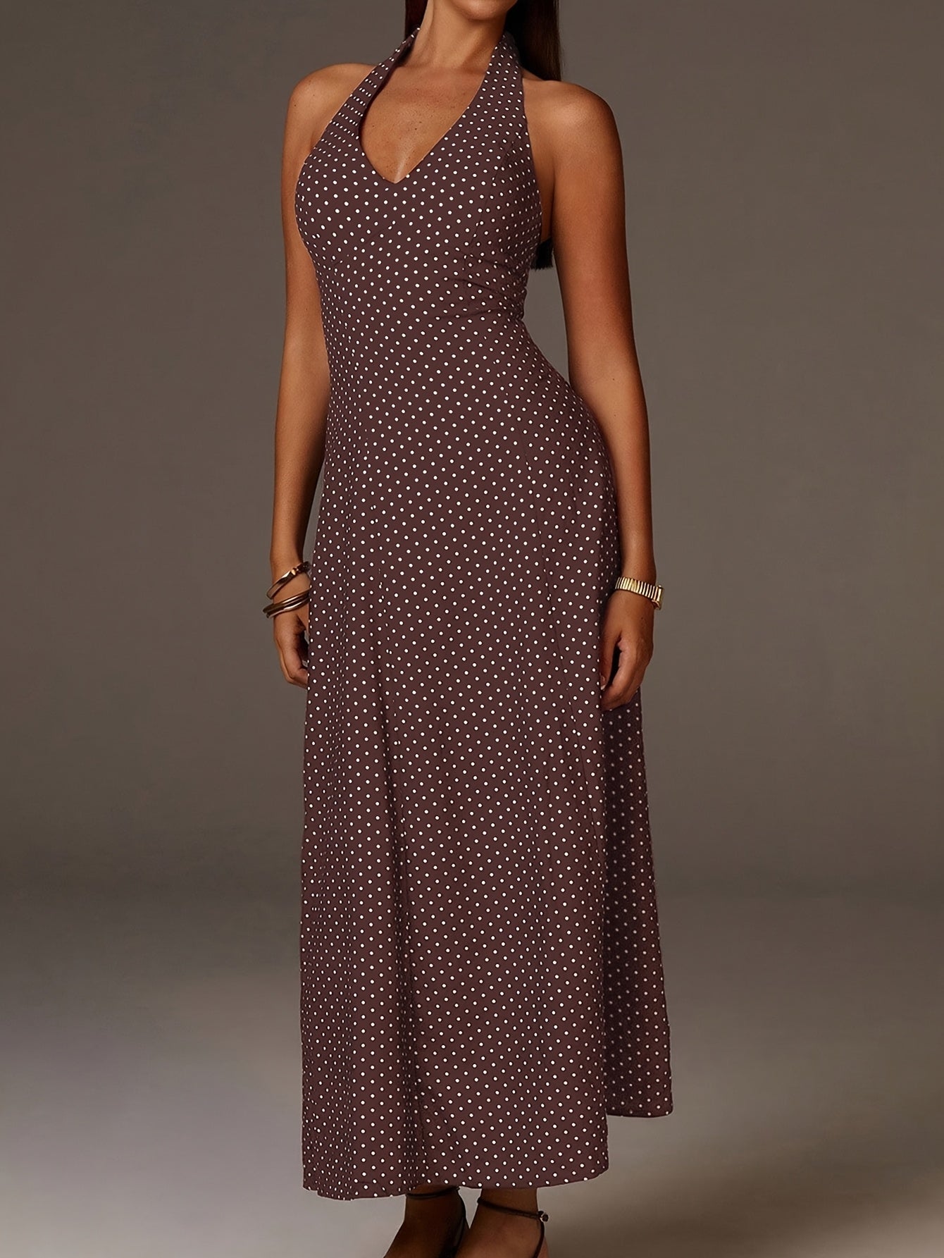 Halter Neck Polka Dot Maxi Dress Deep V Smocked Bodice Sleeveless Holiday Apparel