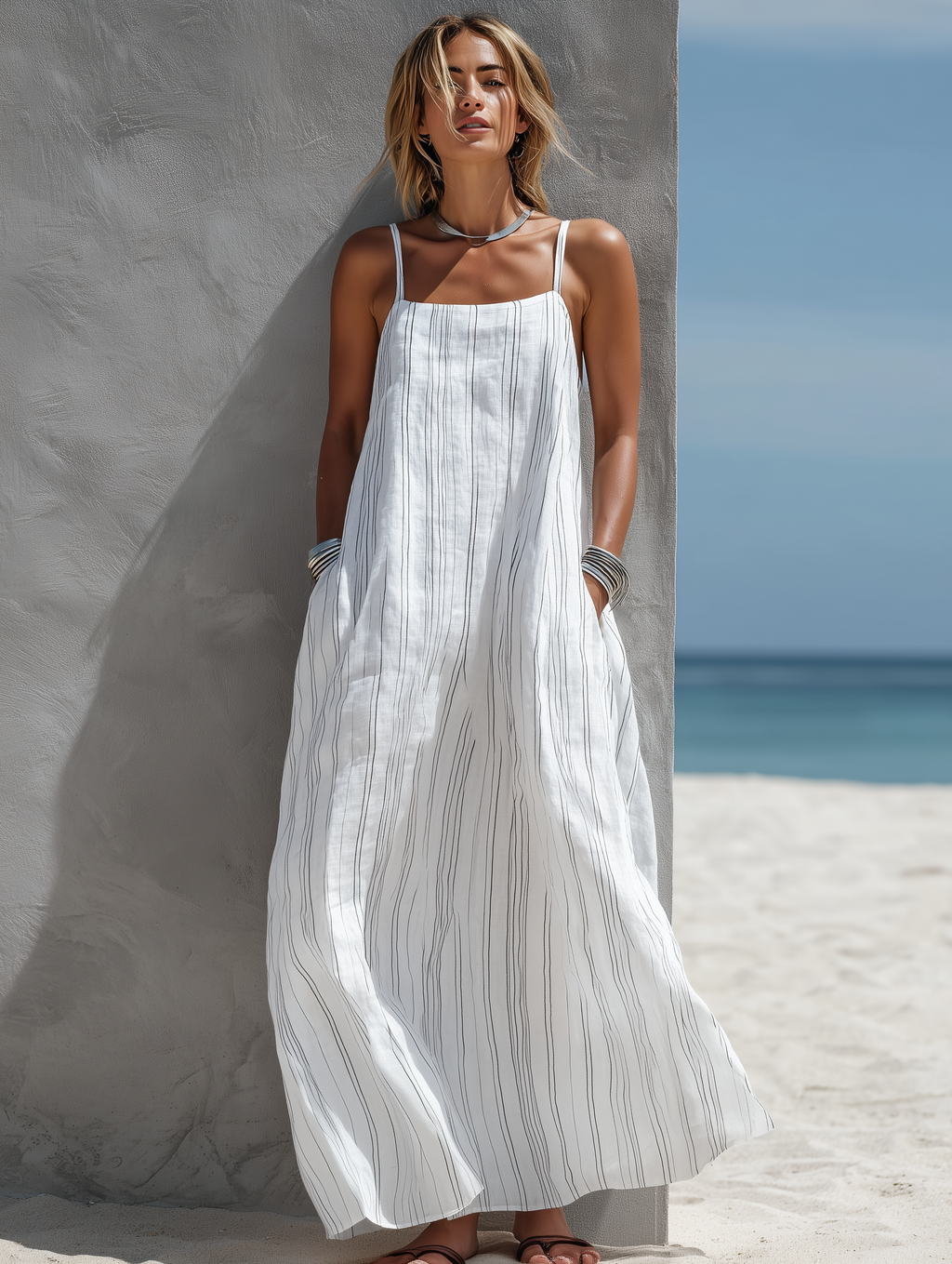 Striped Woven Sleeveless Long Dress