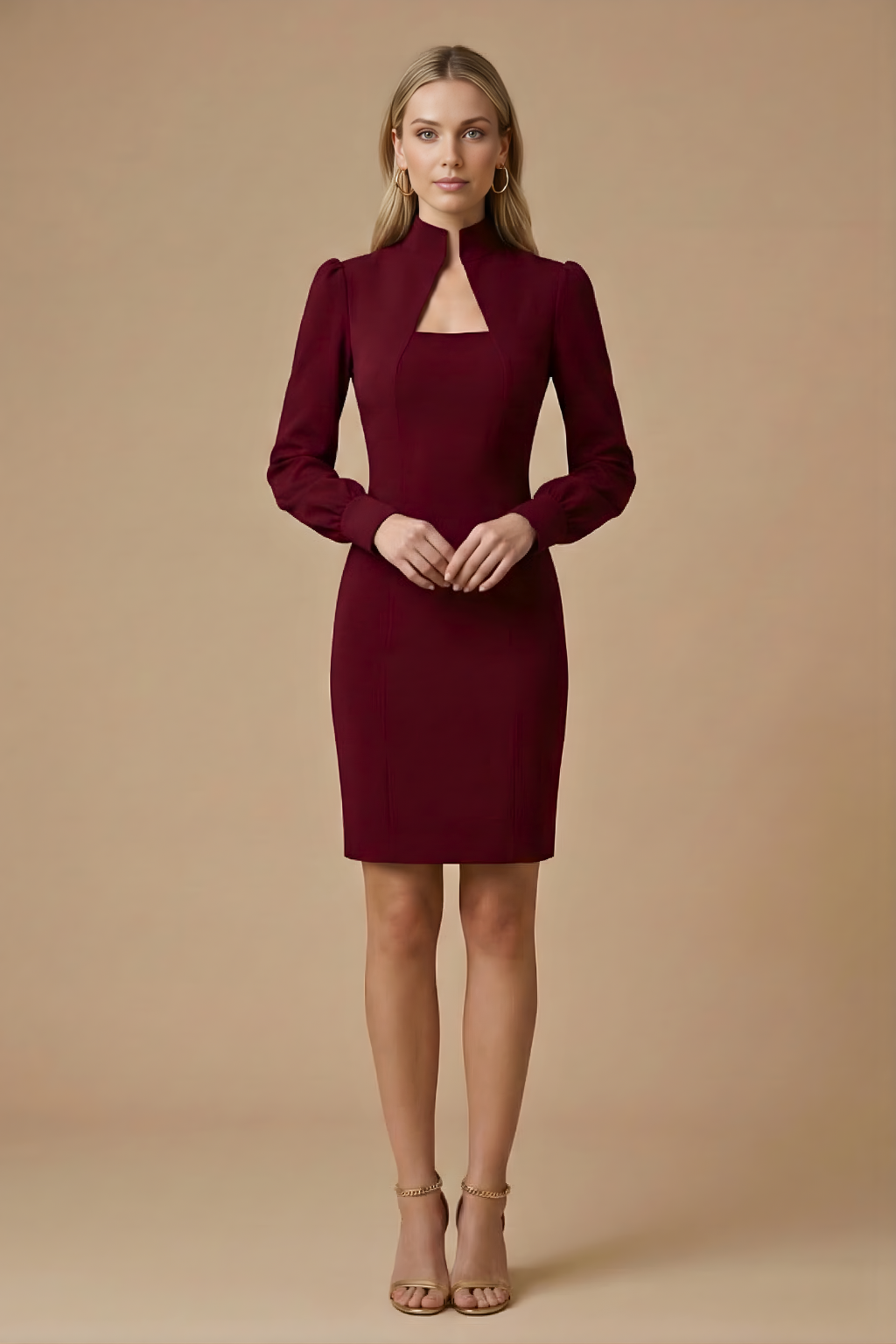 High Neck Bodycon Mini Dress with Square Chest Cutout and Long Puff Sleeves