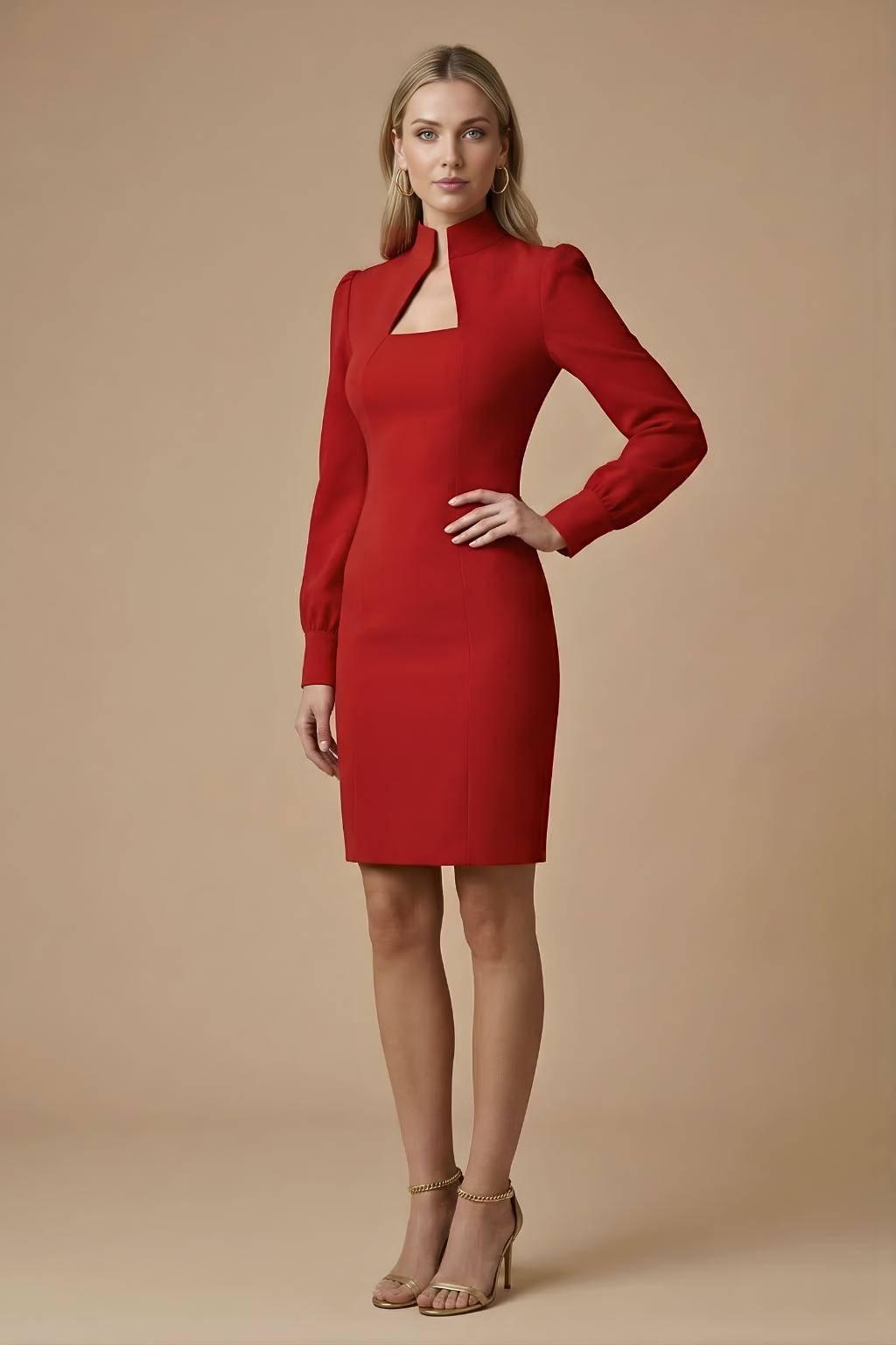 High Neck Bodycon Mini Dress with Square Chest Cutout and Long Puff Sleeves