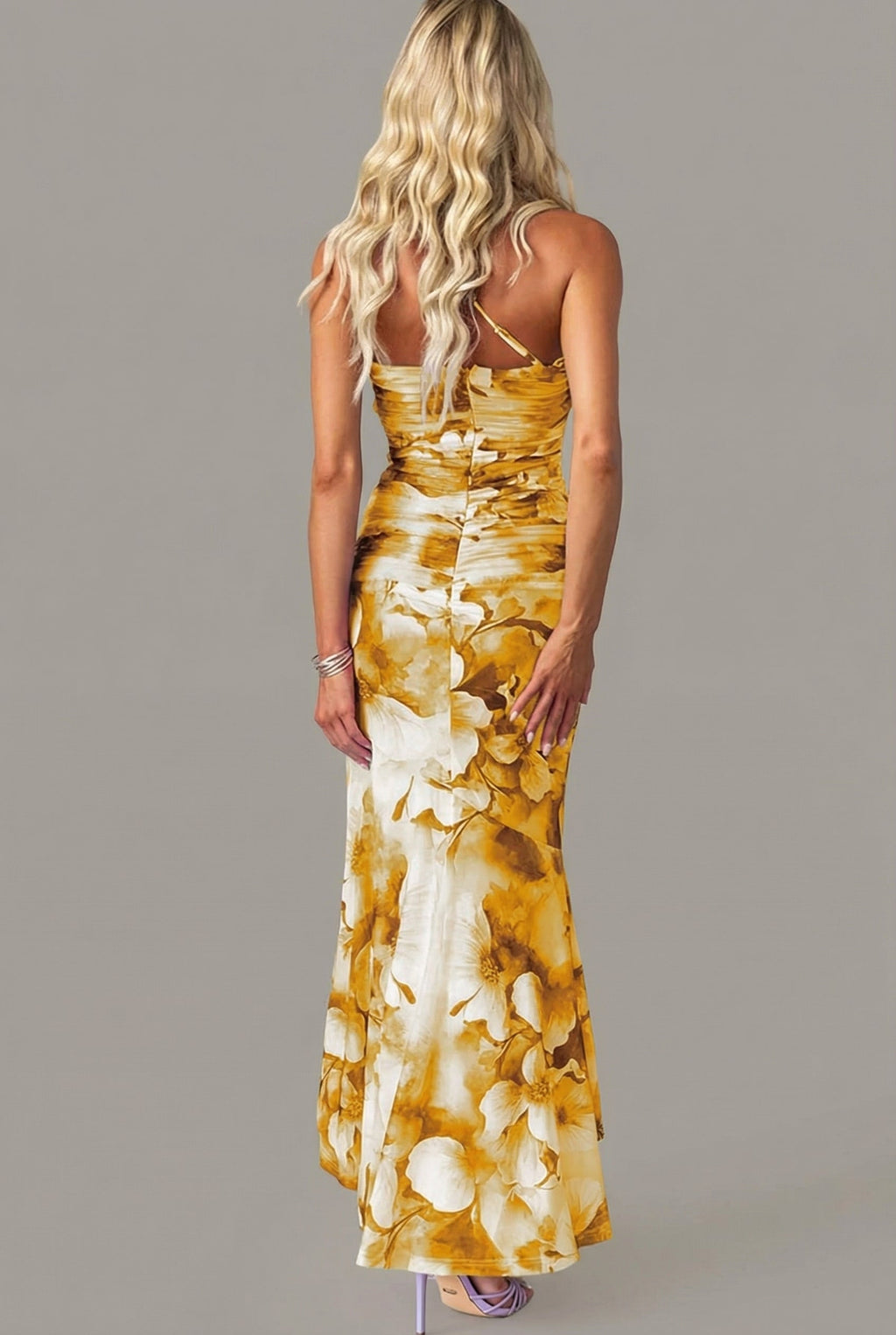 One Shoulder Floral Maxi Dress Ruched Bodycon Fishtail Hem Evening Formal Gown