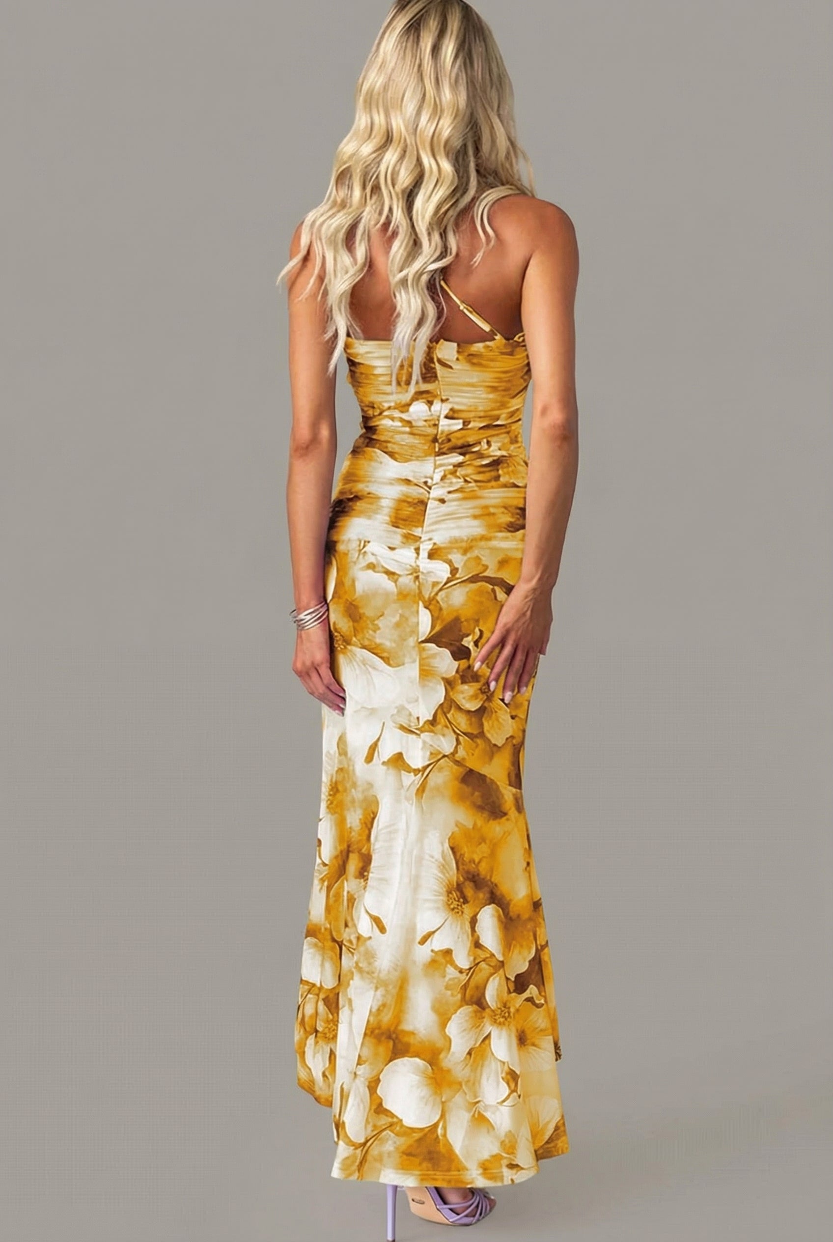 One Shoulder Floral Maxi Dress Ruched Bodycon Fishtail Hem Evening Formal Gown