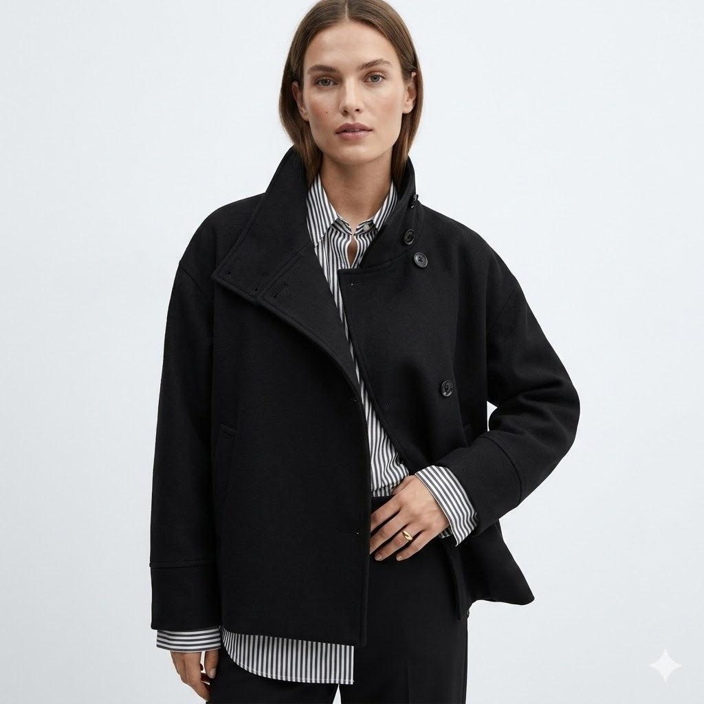 Women's Short Coat Wool Blend Relaxed Fit Button Closure High Neckline Casual