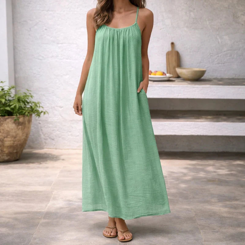 Linen Cotton Maxi Dress Adjustable Spaghetti Strap Open Back Sleeveless Casual Sundress