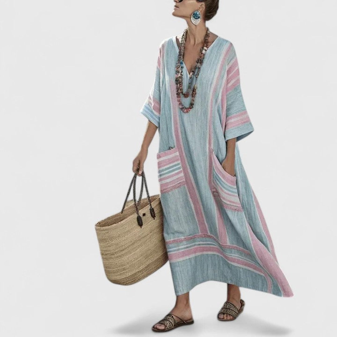 Boho Maxi Dress with Pockets V-Neck Striped Kaftan Loose Fit Beach Vacation Apparel