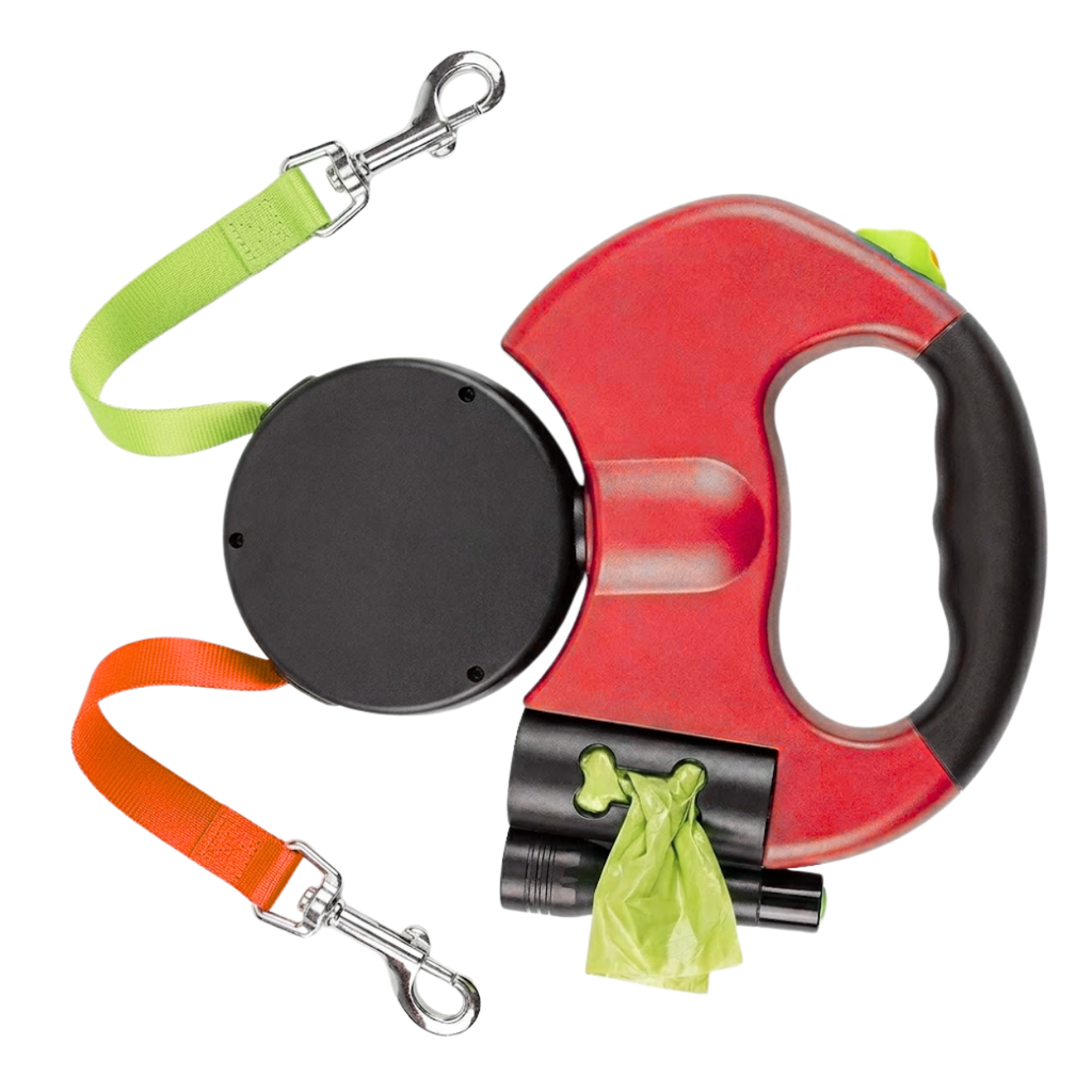 Retractable Double Dog Leash with LED Flashlight and Integrated Waste Bag Dispenser