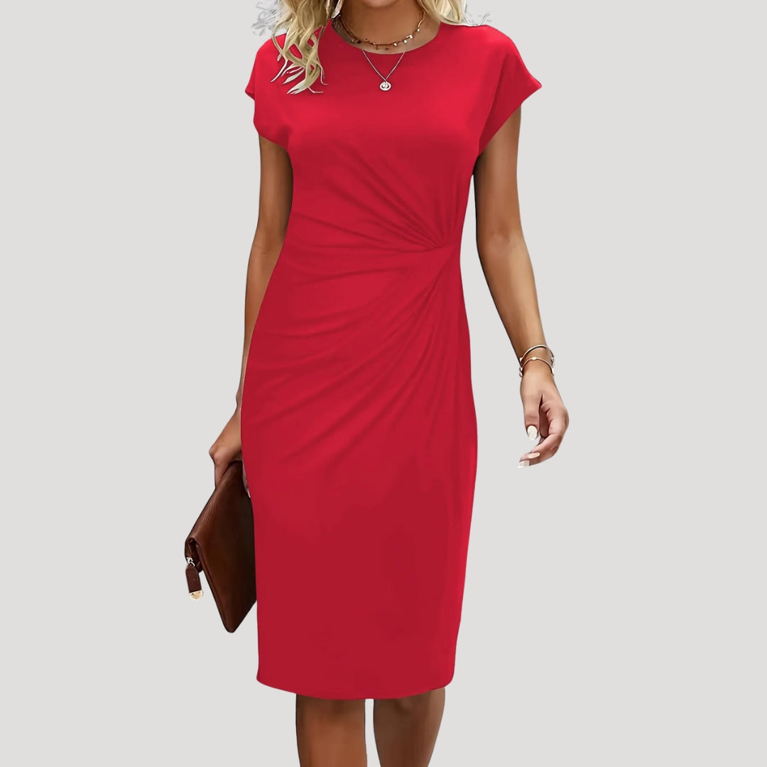 Women's Ruched Cap Sleeve Midi Dress with Round Neckline and Fitted Silhouette