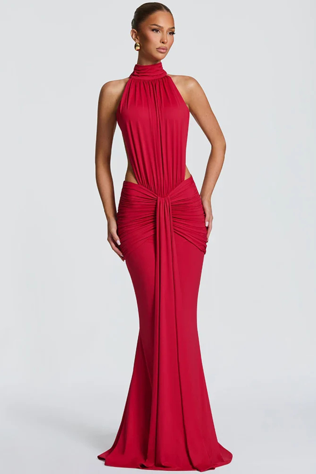 Halter Neck Backless Ruched Maxi Dress Bodycon Wedding Guest Gown with Side Cut-Outs