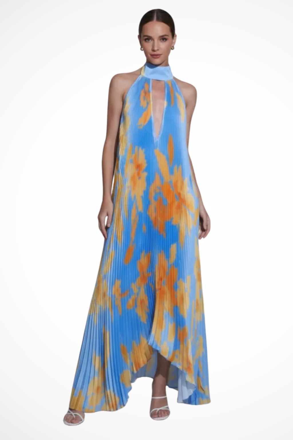 Printed Pleated Halter Neck Maxi Dress with Front Keyhole Detail Evening Gown
