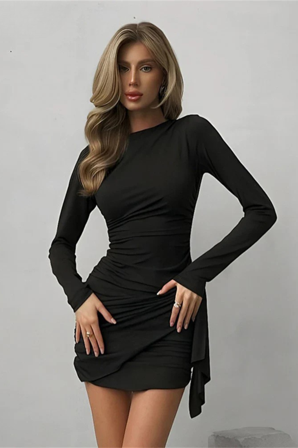 Long Sleeve Ruched Wrap Mini Dress Round Neck Side Tie Fitted Cocktail Gown