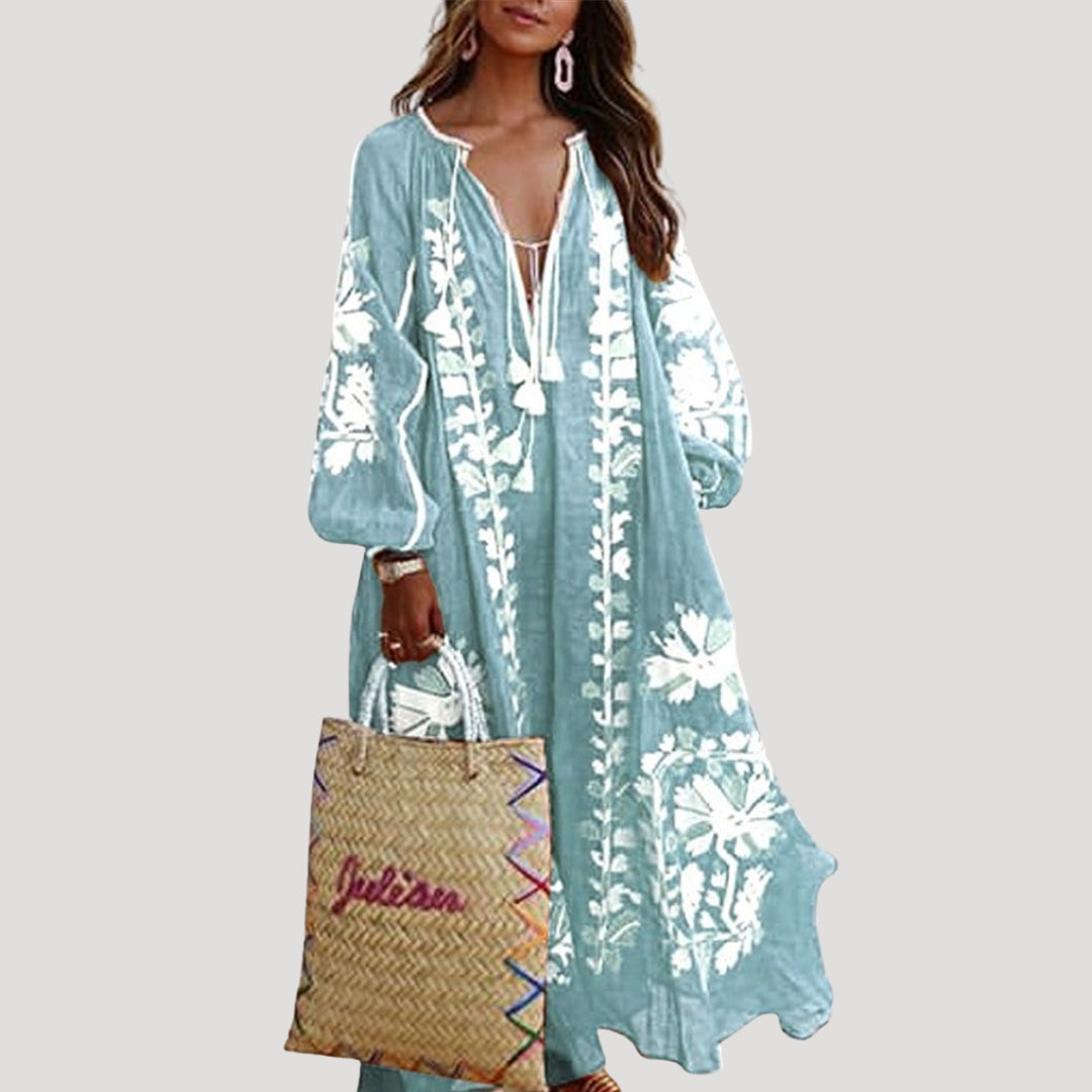 Long Sleeve Boho Maxi Dress V Neck Patterned Loose Fit Lightweight Flowing Dress