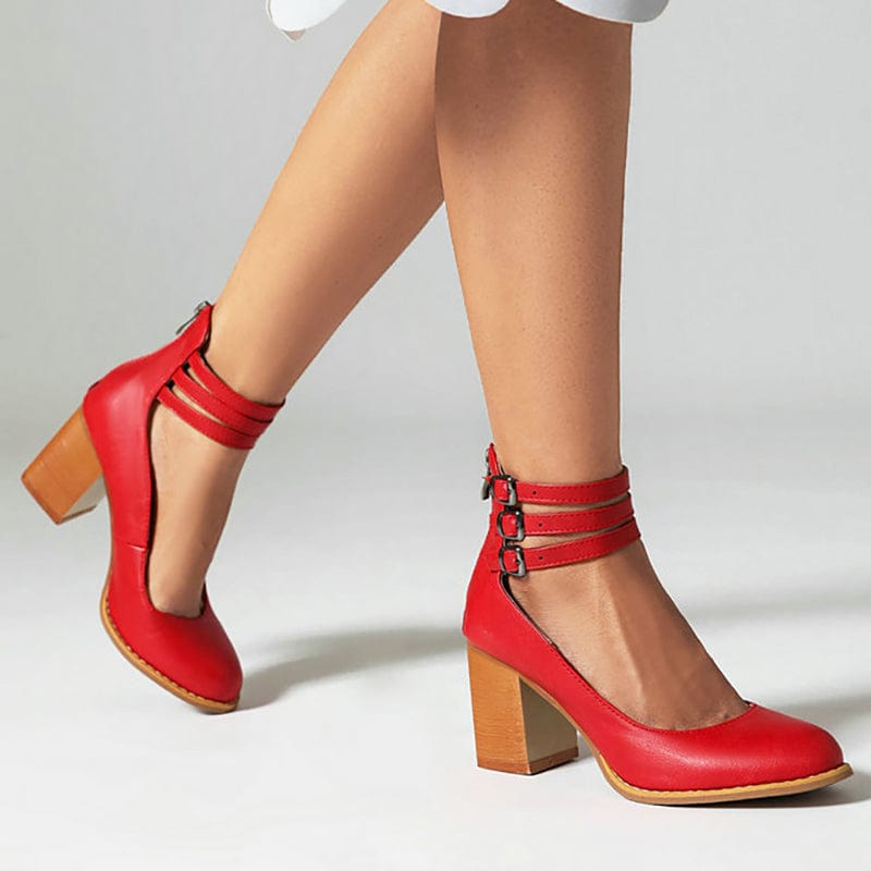 Triple Buckle Ankle Strap Block Heels
