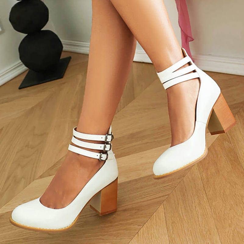 Triple Buckle Ankle Strap Block Heels