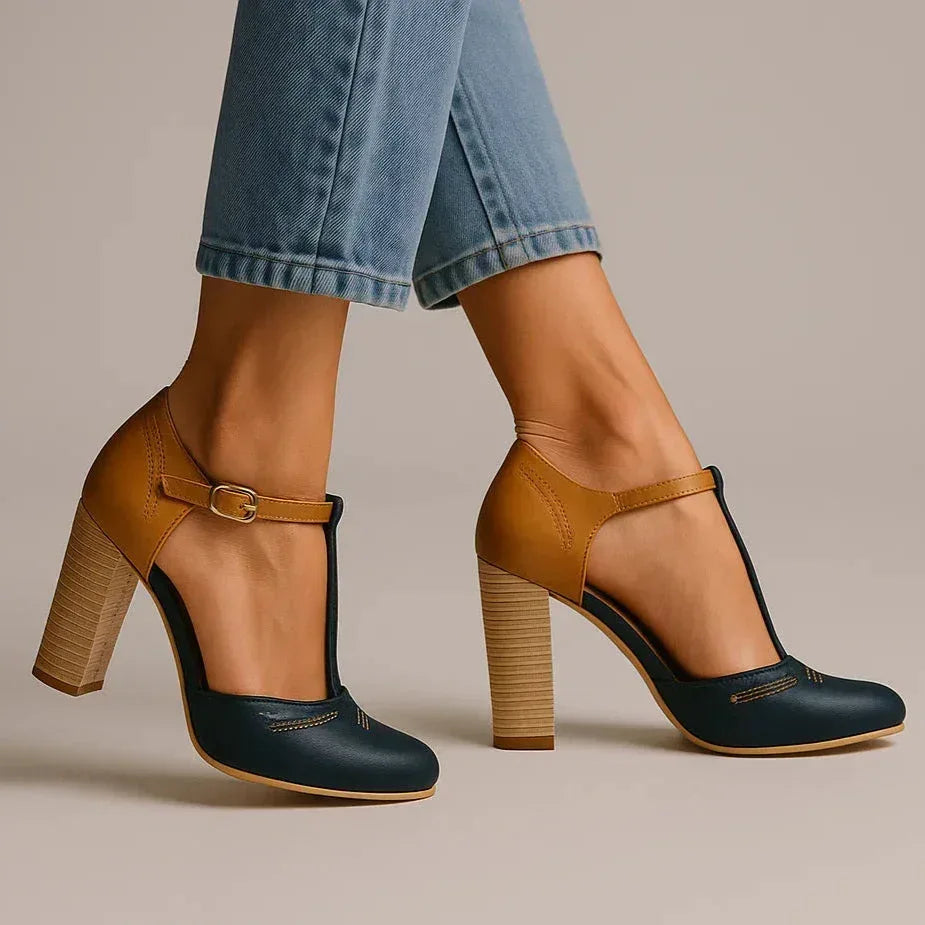 Two-tone block heel pumps — versatile shoes for daily wear