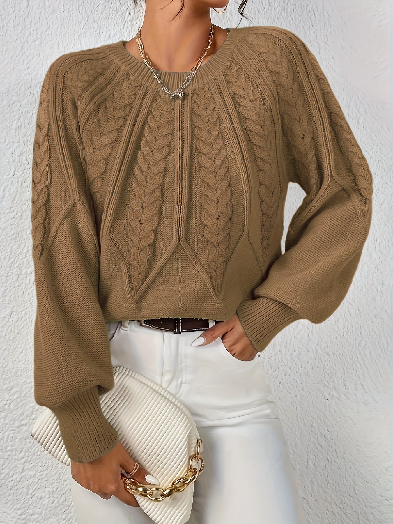 Women's Cable Knit Sweater with Relaxed Fit and Lantern Sleeves for Everyday Wear