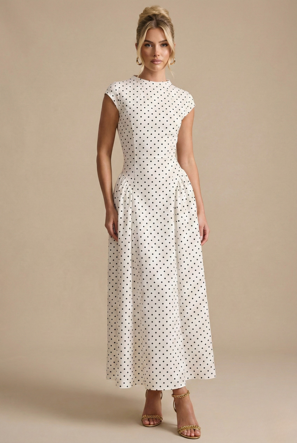 Polka Dot Maxi Dress High Neck Cap Sleeve Full A-Line Skirt Formal Event Gown