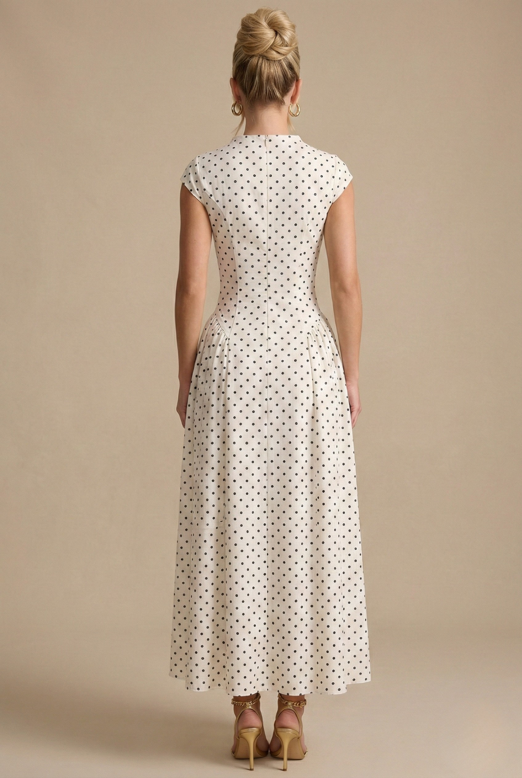 Polka Dot Maxi Dress High Neck Cap Sleeve Full A-Line Skirt Formal Event Gown