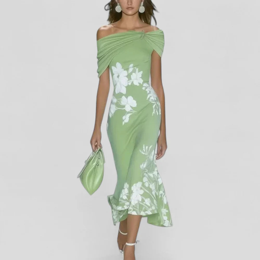 Women's Off Shoulder Floral Midi Dress Fitted Silhouette Floral Print Cocktail Dress