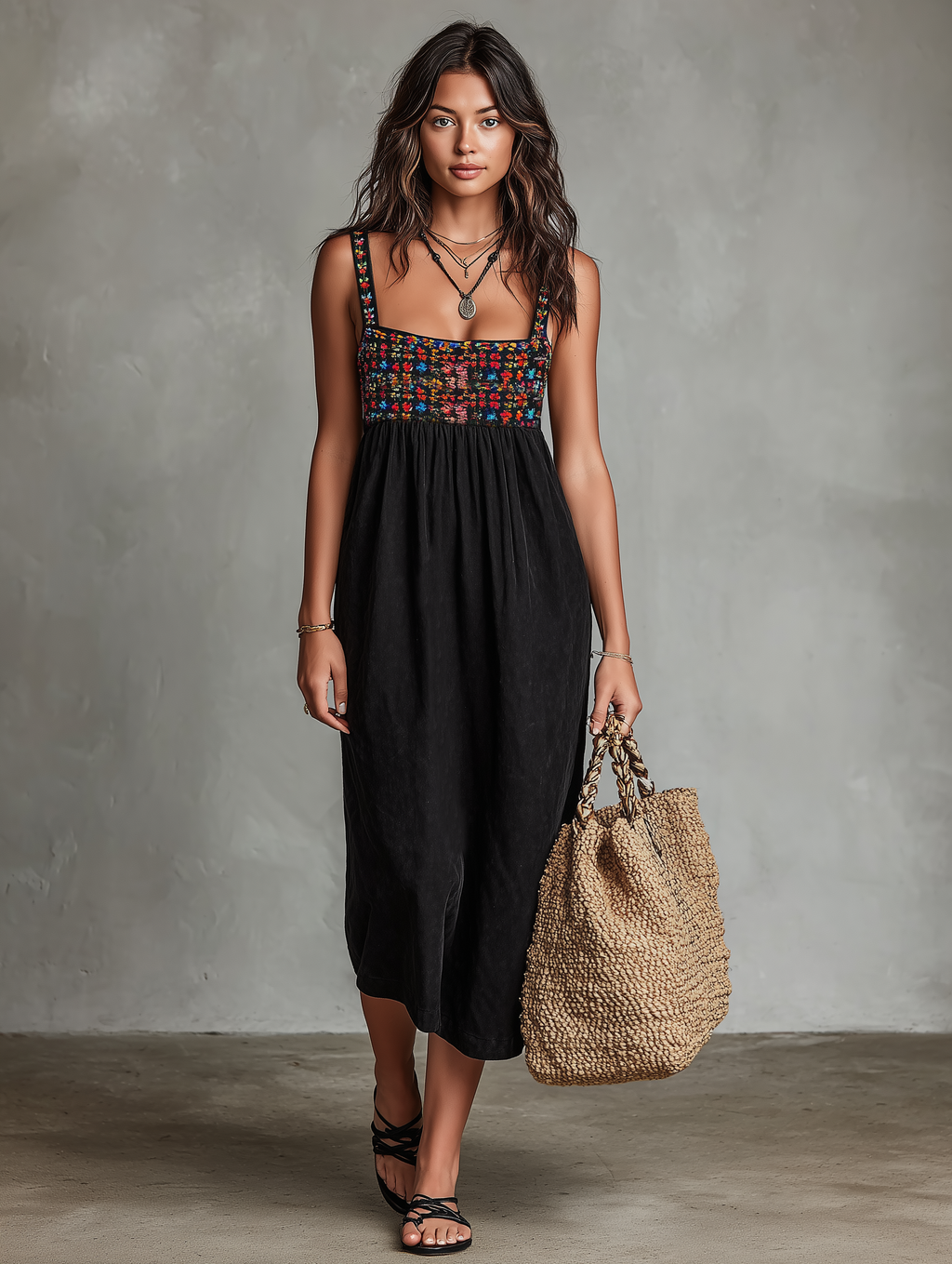Embroidered Faux Suede Midi Dress