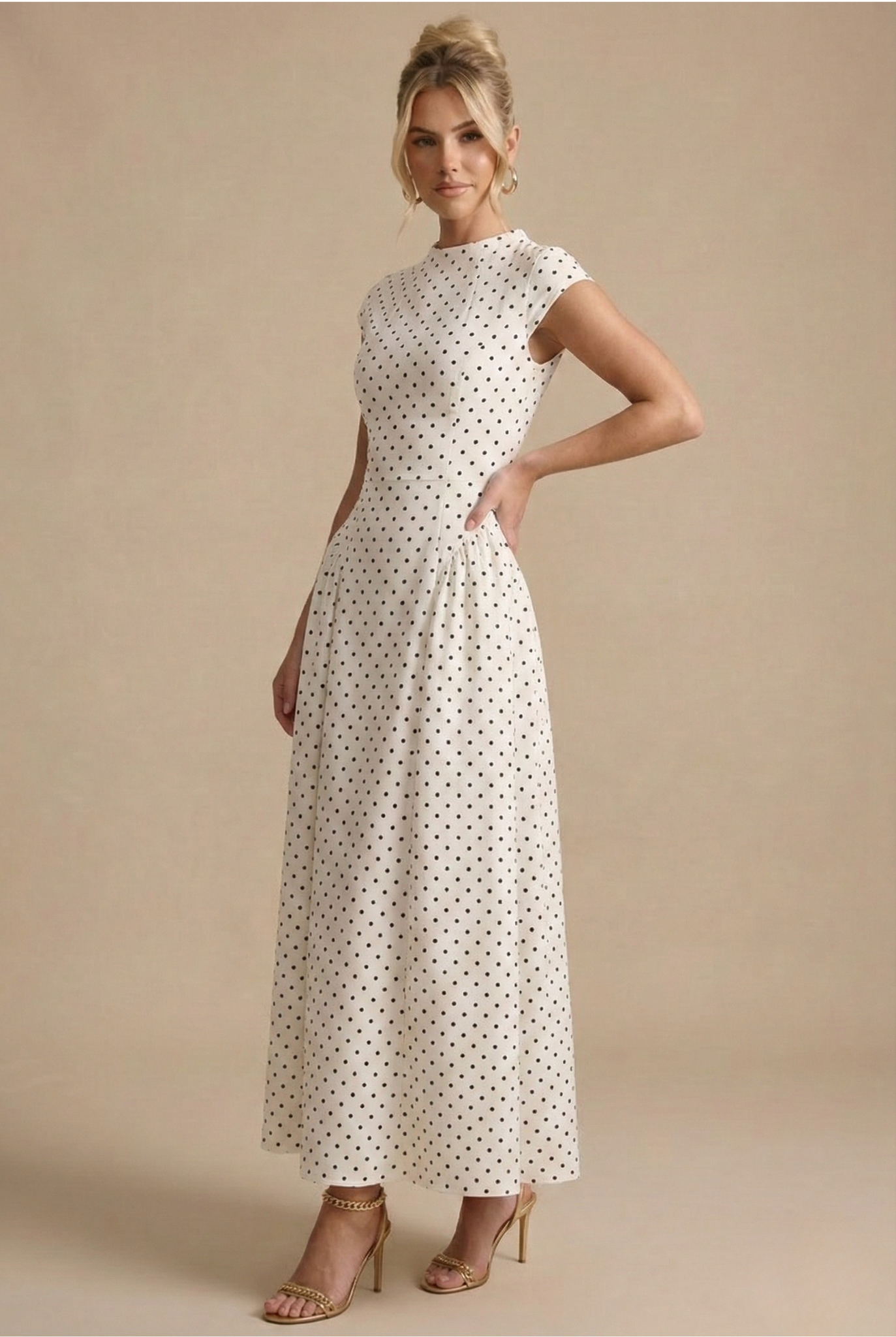 Polka Dot Maxi Dress High Neck Cap Sleeve Full A-Line Skirt Formal Event Gown