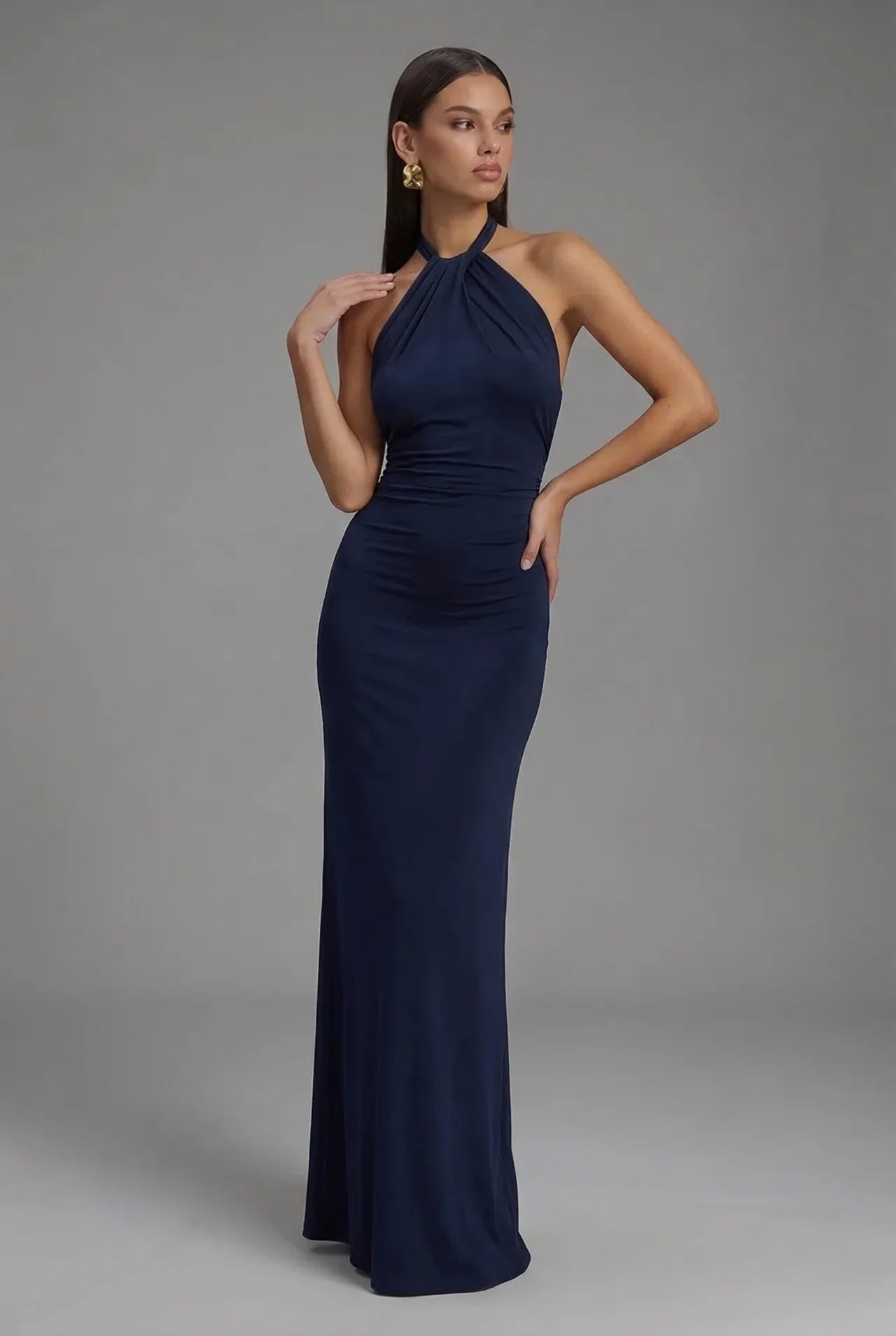 Open Back Halter Maxi Gown in Smooth Satin with Ruched Detailing