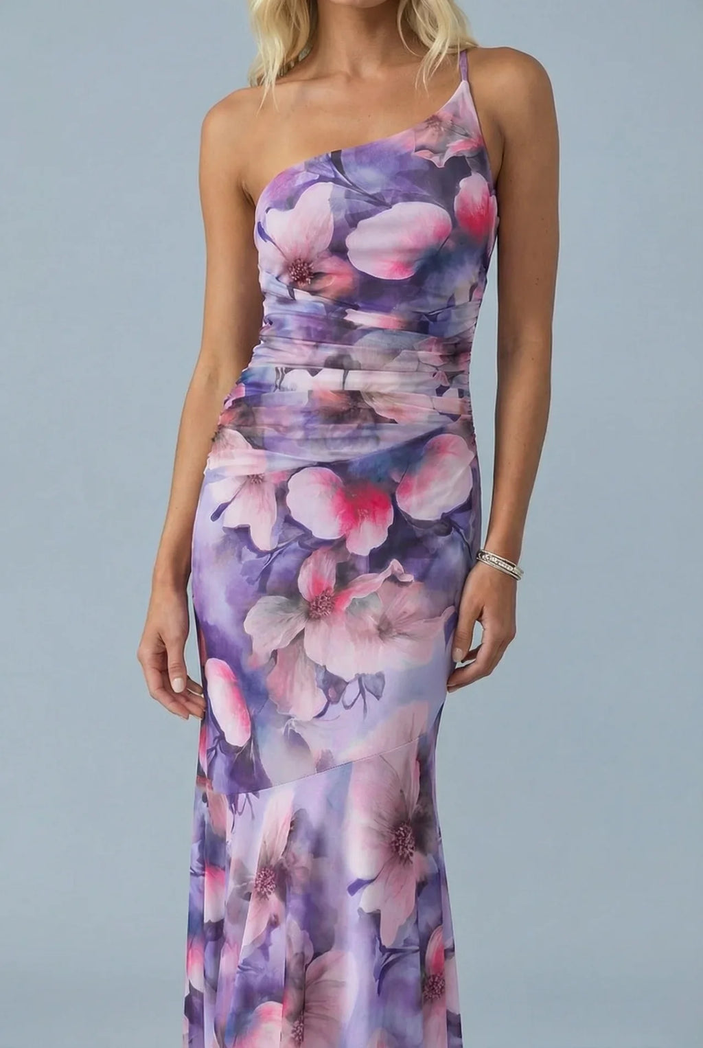 One Shoulder Floral Maxi Dress Ruched Bodycon Fishtail Hem Evening Formal Gown