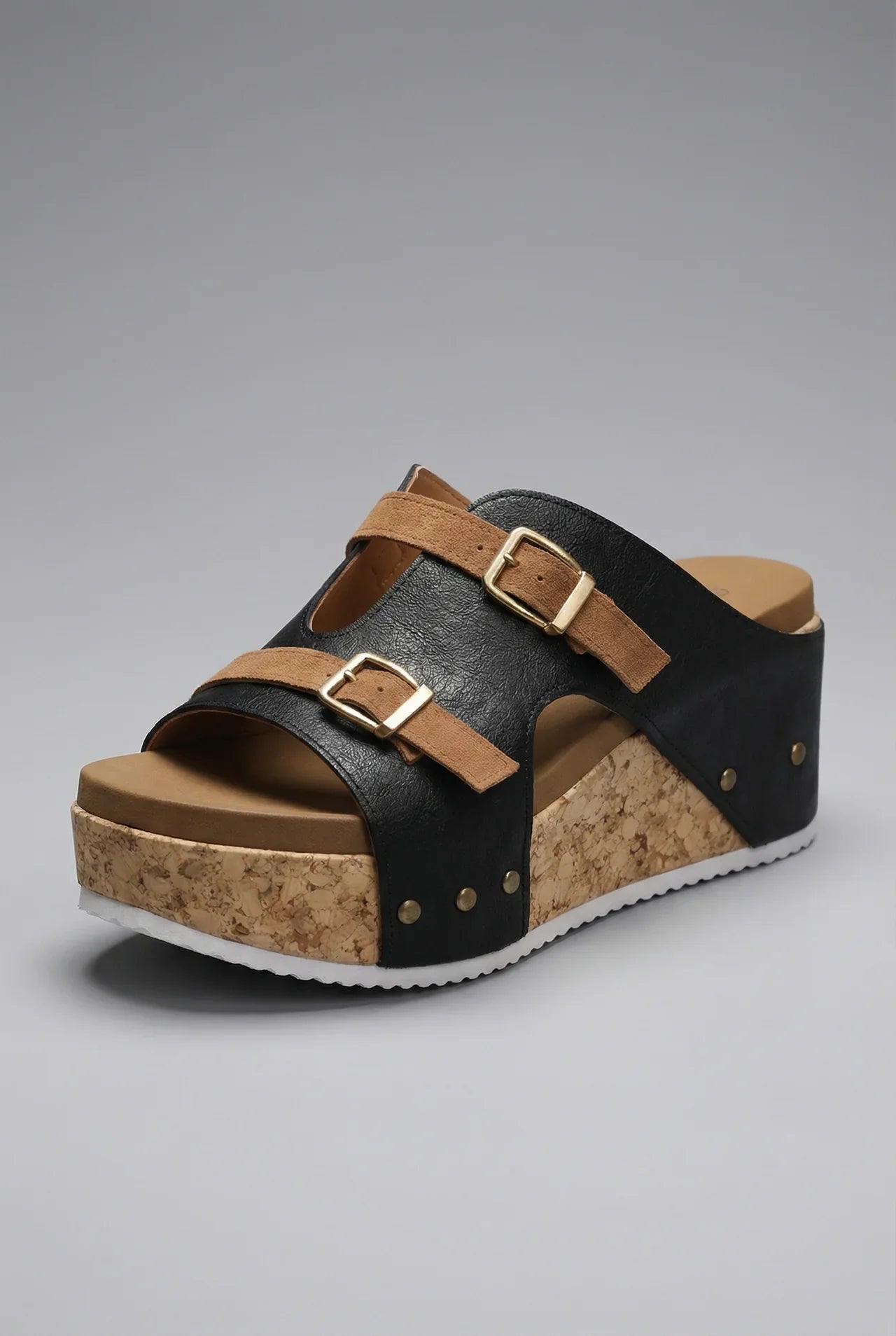 Women's Cork Platform Sandals Double Buckle Strap Wedge Open Toe Fashion Footwear