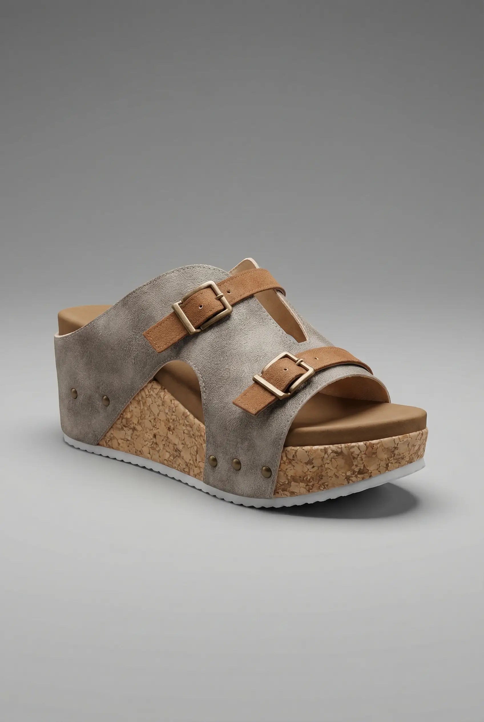 Women's Cork Platform Sandals Double Buckle Strap Wedge Open Toe Fashion Footwear