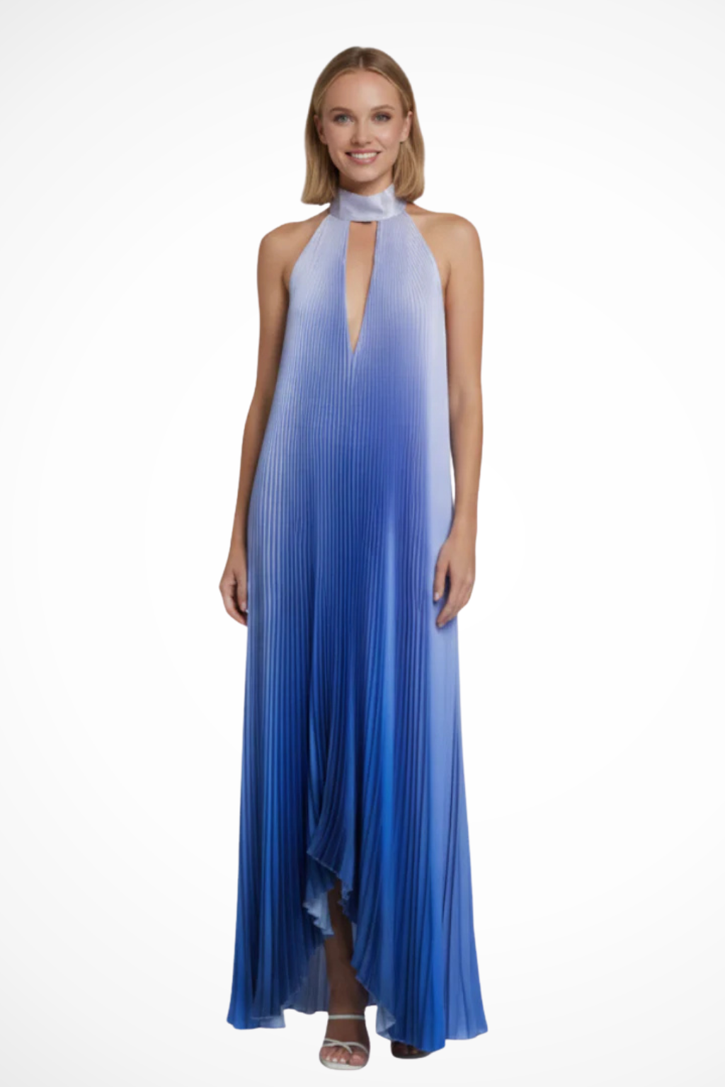 Printed Pleated Halter Neck Maxi Dress with Front Keyhole Detail Evening Gown
