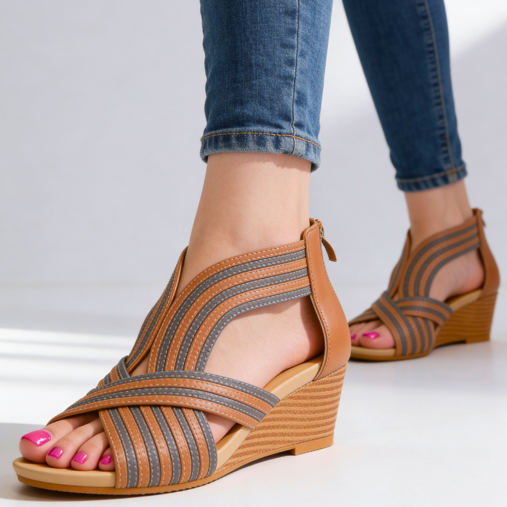 Women's Wedge Sandals Leather Criss Cross Striped Peep Toe Cushioned Walking Shoes