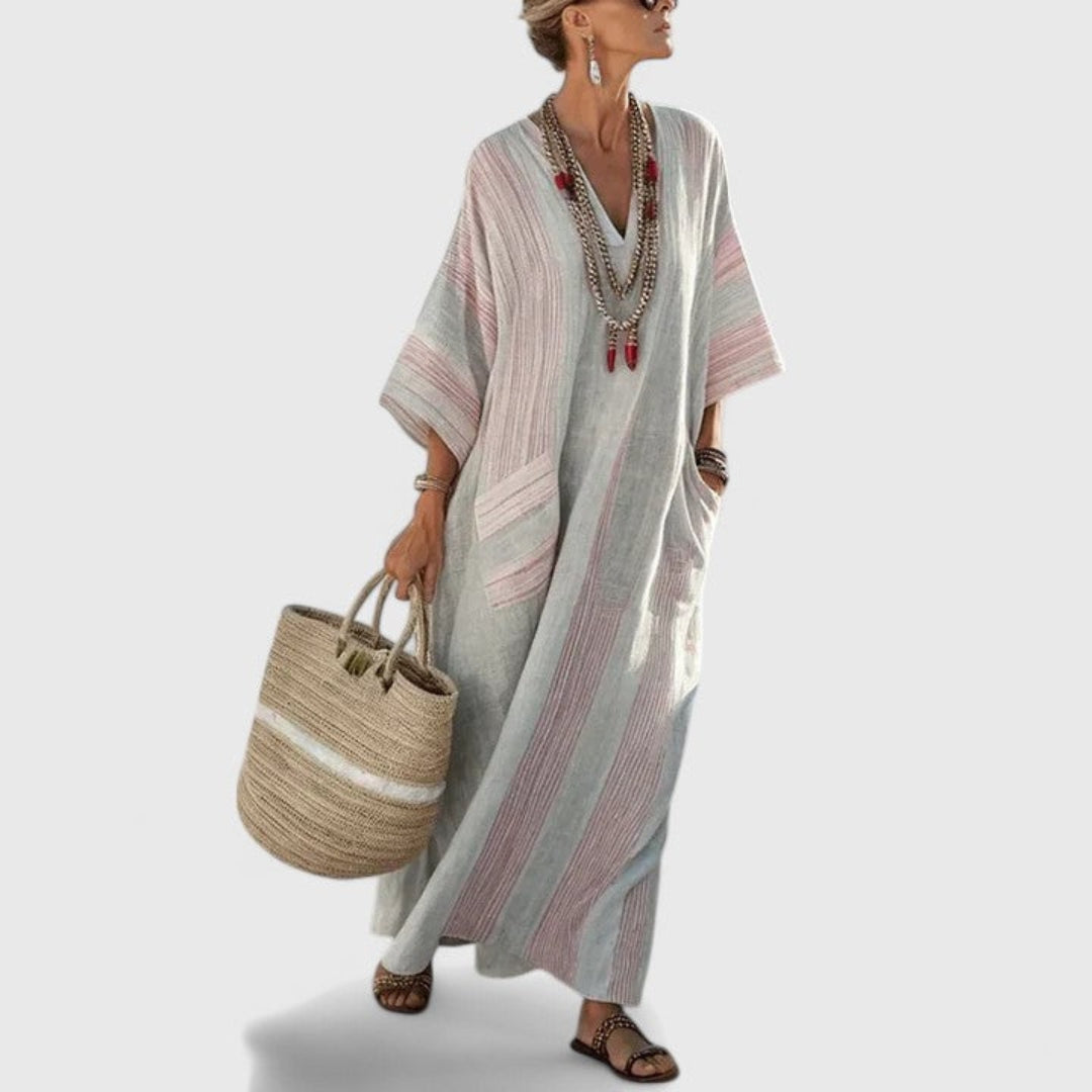 Boho Maxi Dress with Pockets V-Neck Striped Kaftan Loose Fit Beach Vacation Apparel