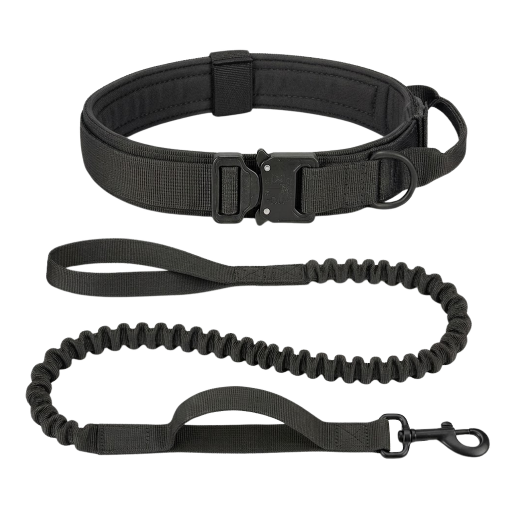 Tactical Dog Collar and Leash Set Adjustable Nylon with Shock Absorbing Bungee