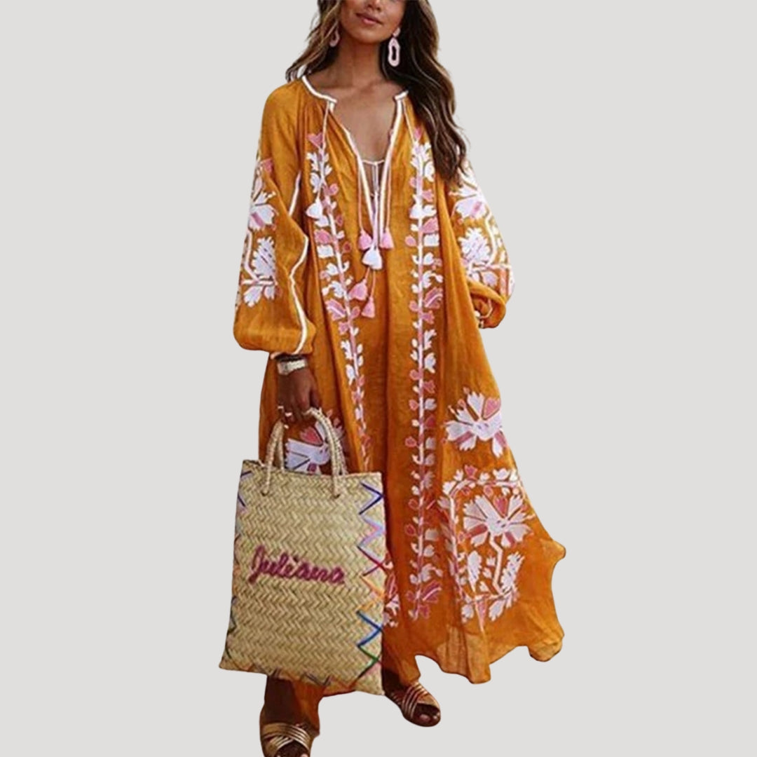 Long Sleeve Boho Maxi Dress V Neck Patterned Loose Fit Lightweight Flowing Dress