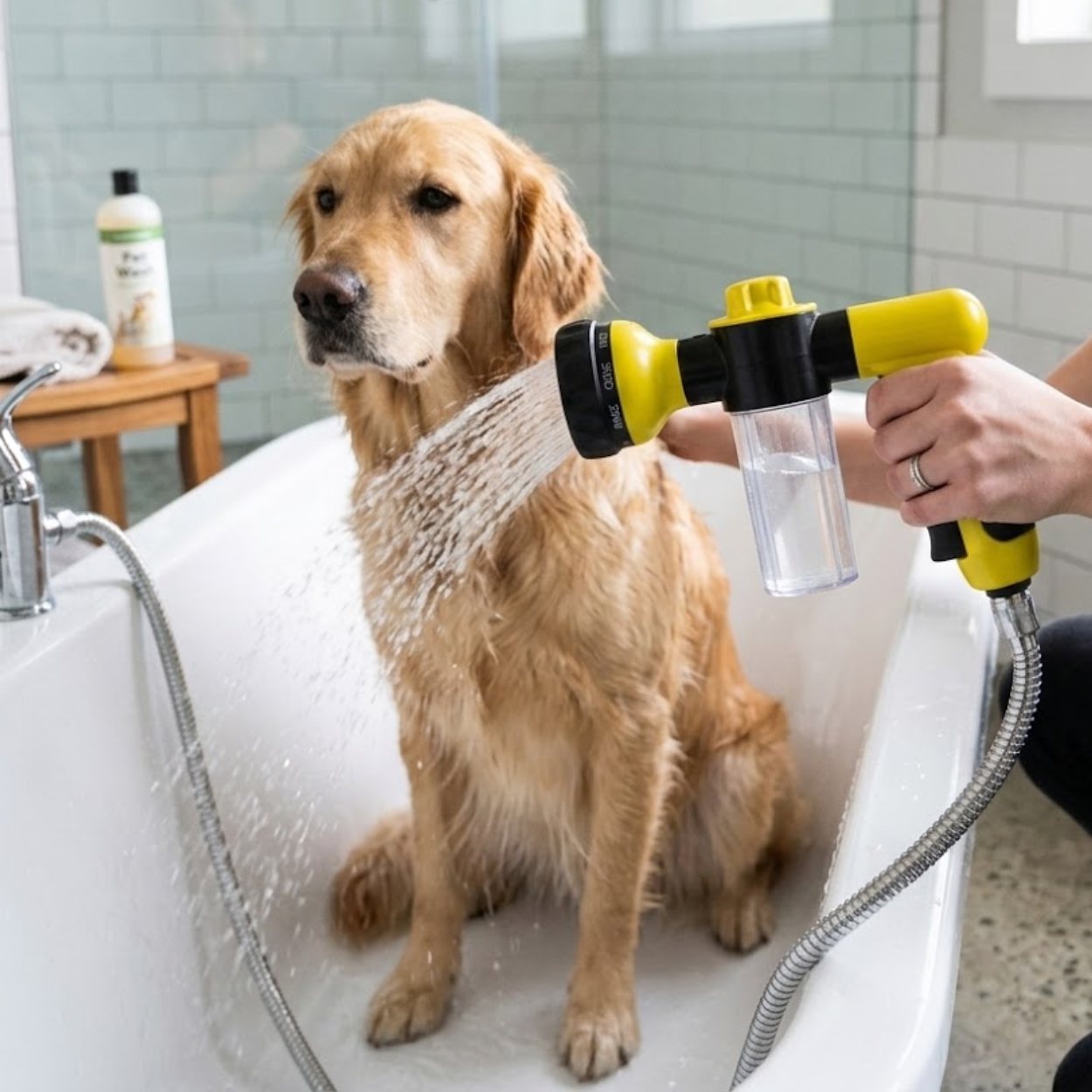 Pet Shower Sprayer Nozzle with Foam Soap Dispenser for Adjustable Dog Bath Cleaning
