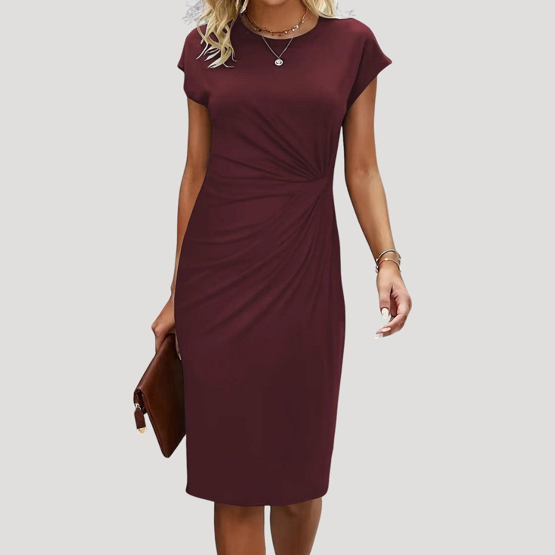 Women's Ruched Cap Sleeve Midi Dress with Round Neckline and Fitted Silhouette