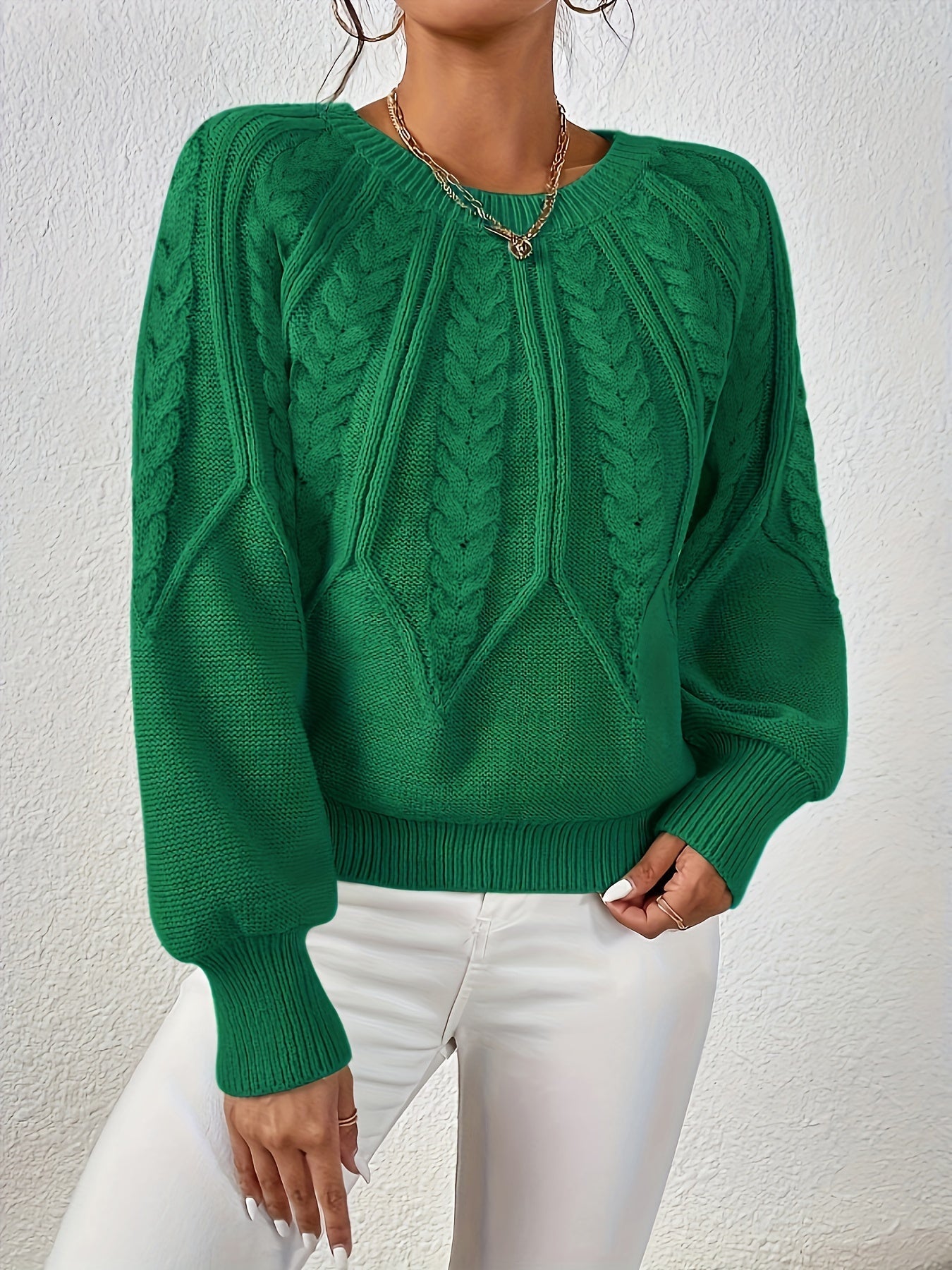 Women's Cable Knit Sweater with Relaxed Fit and Lantern Sleeves for Everyday Wear