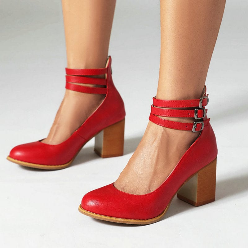 Triple Buckle Ankle Strap Block Heels